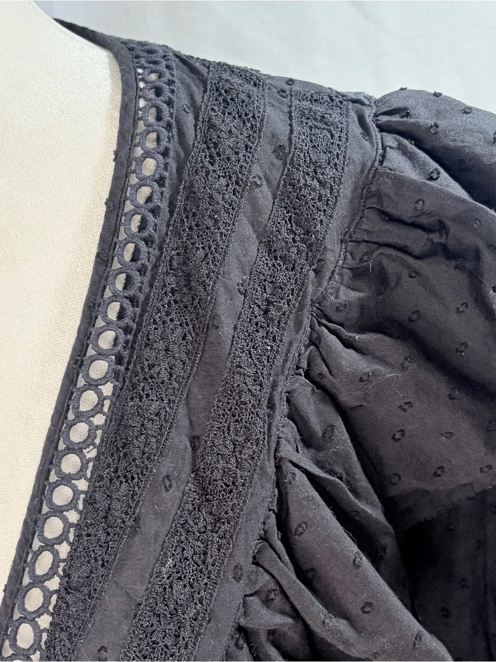 Farm Rip Blk Lace Eyelet Dot Ruffle Bodysuit Blouse Deep V Neck Puff Sleeve Sz